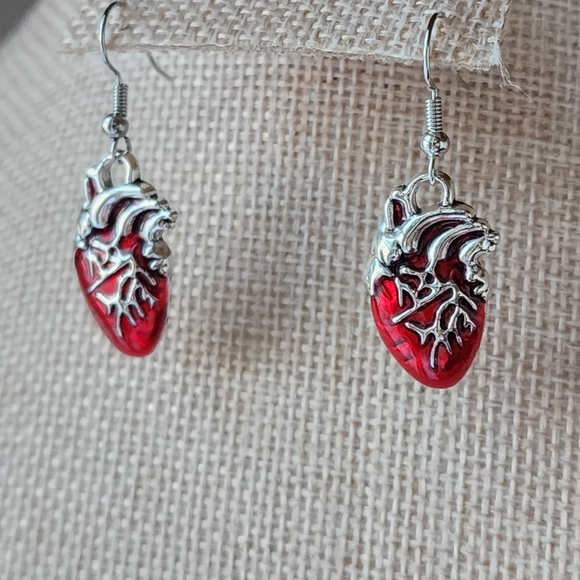 Handmade Jewelry - Silver and Red Anatomical Heart Earrings